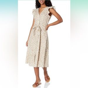 Tommy Hilfiger Tan/White Women's North Beach Leaves Flutter Sleeve Dress. Size 4